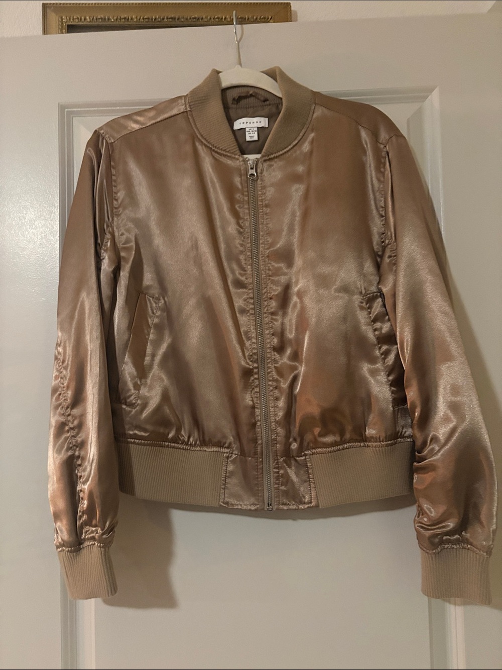 Topshop Metallic Taupe Satin Bomber Jacket